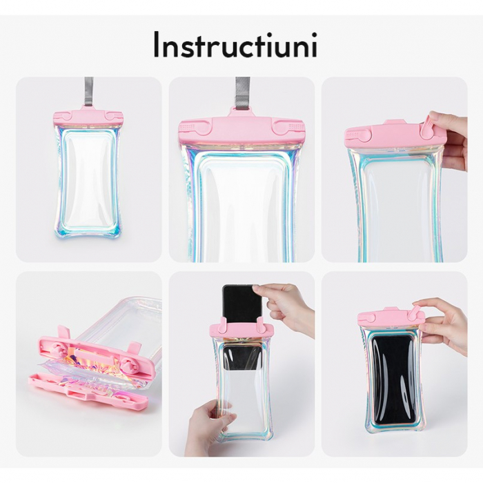 Husa subacvatica Holografica Waterproof Flippy, Snowproof, Universala, Impermeabila, cu Snur, pentru telefon sau documente, Roz [7]