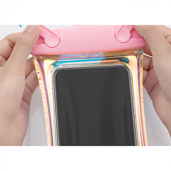 Husa subacvatica Holografica Waterproof Flippy, Snowproof, Universala, Impermeabila, cu Snur, pentru telefon sau documente, Roz [8]
