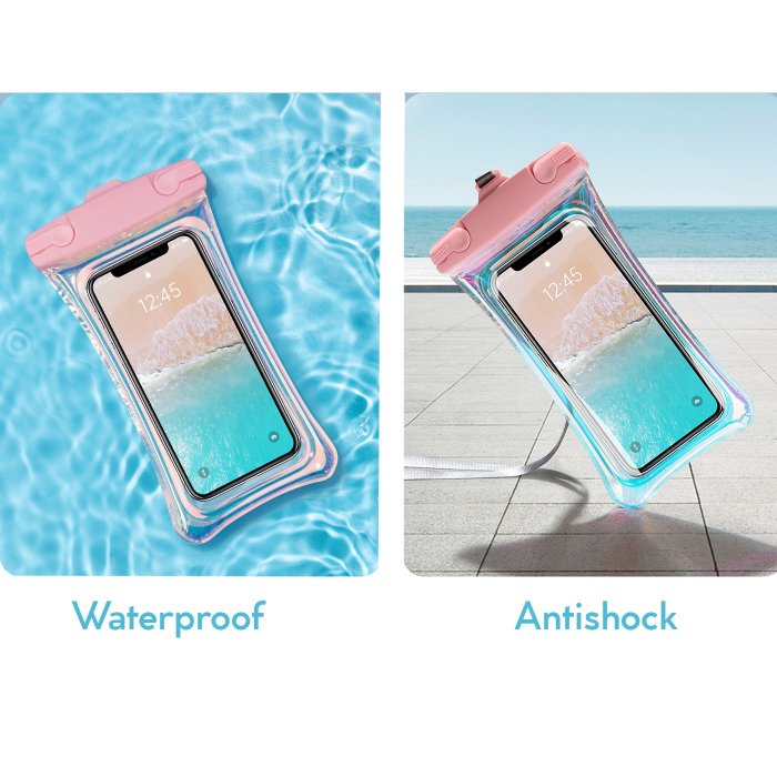 Husa subacvatica Holografica Waterproof Flippy, Snowproof, Universala, Impermeabila, cu Snur, pentru telefon sau documente, Roz [4]