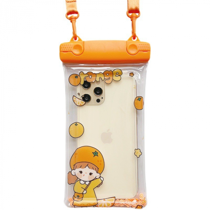 Husa subacvatica Waterproof Flippy, Snowproof, Universala, Impermeabila, pentru telefon sau documente, cu snur, Orange Girl, Portocaliu [1]