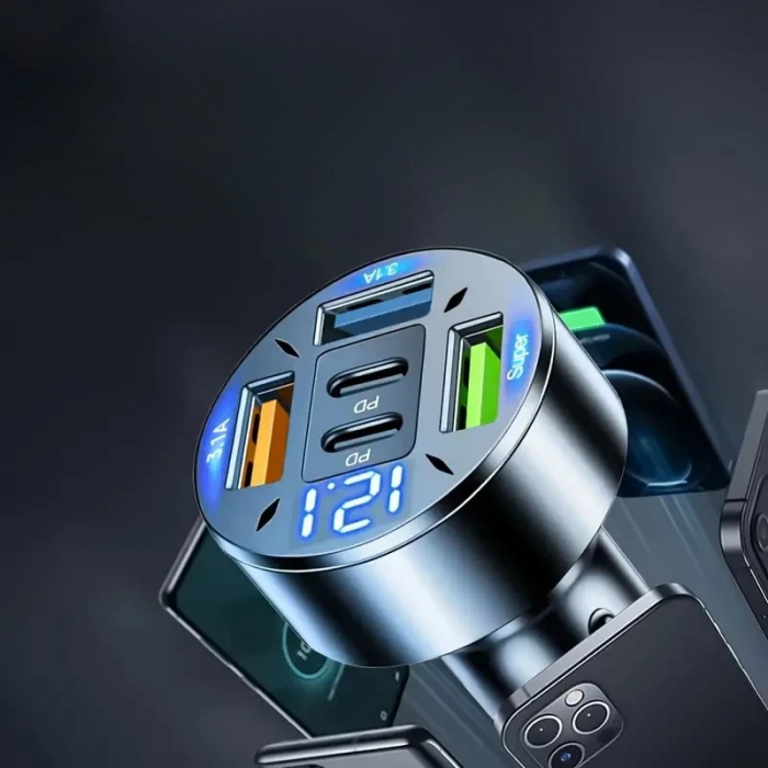 *LICHIDARE STOC* Incarcator Auto 5 in 1, Flippy, 3 x Port USB Fast Charge QC3.1 si 2 x Type C, PD 65W, Negru [5]