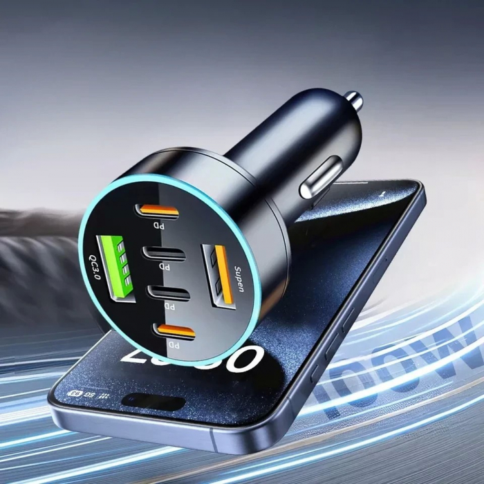 Incarcator Auto 6 in 1, Flippy, 2 x Port USB Fast Charge QC3.0 si 4 x Type C, PD 65W, Negru [6]