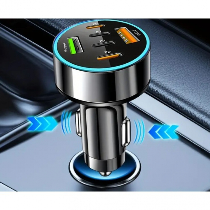 Incarcator Auto 6 in 1, Flippy, 2 x Port USB Fast Charge QC3.0 si 4 x Type C, PD 65W, Negru [2]