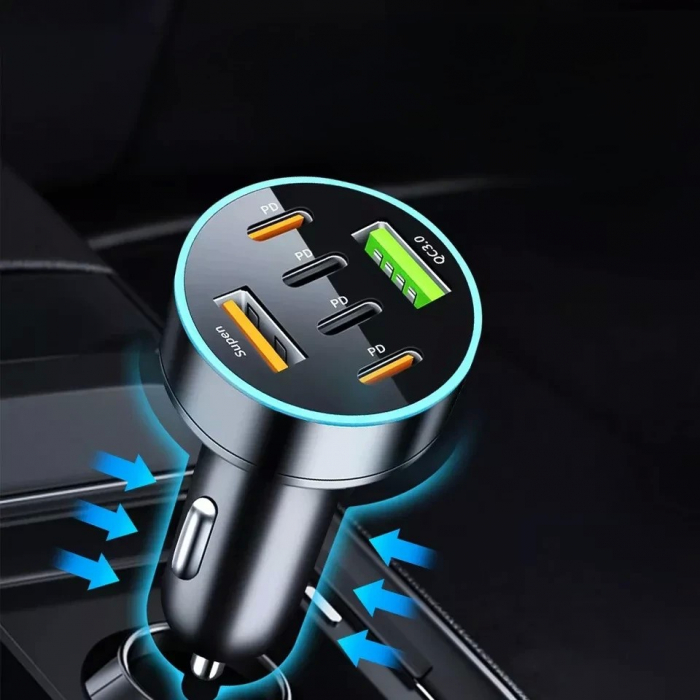 Incarcator Auto 6 in 1, Flippy, 2 x Port USB Fast Charge QC3.0 si 4 x Type C, PD 65W, Negru [5]