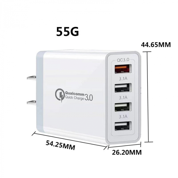 Incarcator Fast Charge pentru Telefon 33W, Flippy, Incarcator Quick Charge cu 4 Porturi USB-A, Power Delivery 33W, Cap Standard European, Alb [2]