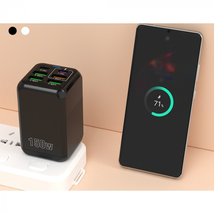 Incarcator Multifunctional, Flippy®, 6 Porturi (2 x PD Type C + 4 USB), 150 W, 5V, 2.4A, Incarcare Rapida, 4.4 x 4.4 x 11 cm, Negru [6]