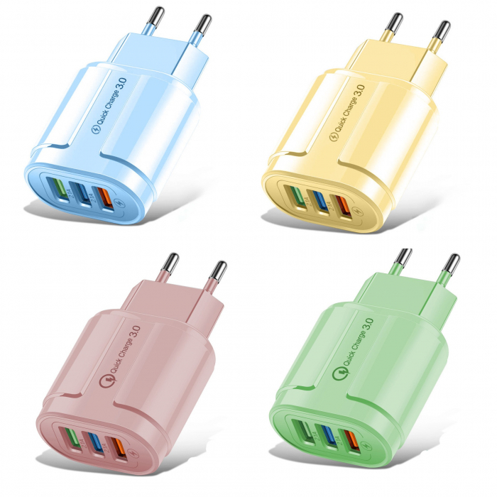 Incarcator Rapid QC3.0, Flippy, 3 Porturi USB, 2.1A, 18W, din ABS, Protectie Supraincalzire, Gama Macarons, Galben [3]