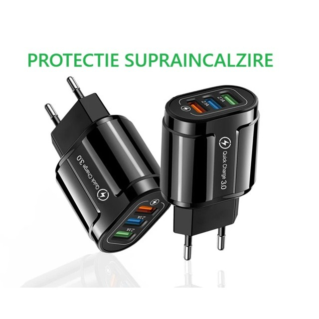 Incarcator Rapid QC3.0, Flippy, 3 Porturi USB, 2.1A, 18W, din ABS, Protectie Supraincalzire, Gama Macarons, Negru [5]