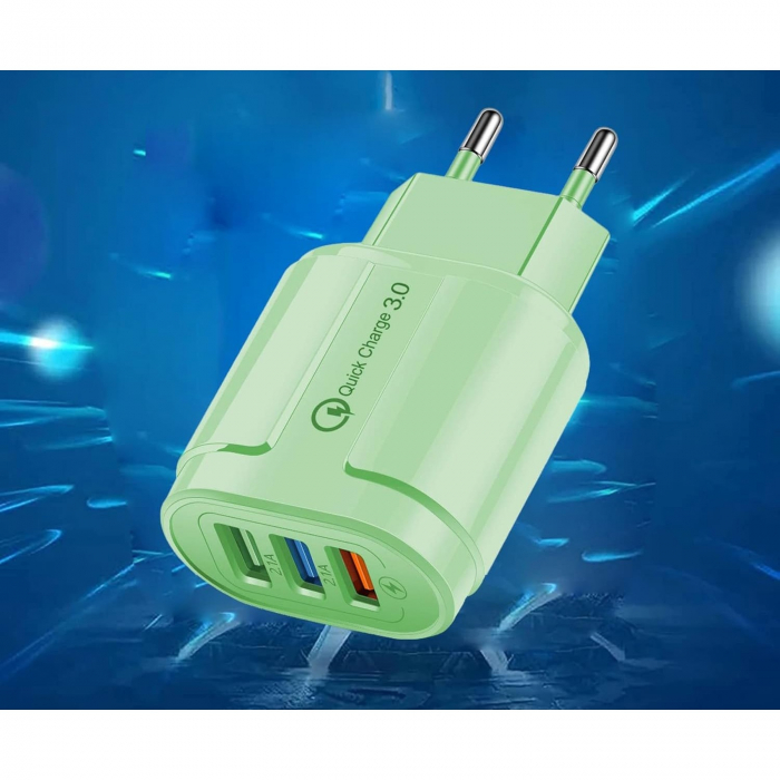 Incarcator Rapid QC3.0, Flippy, 3 Porturi USB, 2.1A, 18W, din ABS, Protectie Supraincalzire, Gama Macarons, Verde [3]