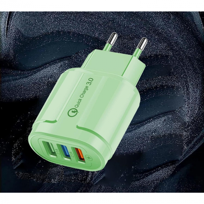 Incarcator Rapid QC3.0, Flippy, 3 Porturi USB, 2.1A, 18W, din ABS, Protectie Supraincalzire, Gama Macarons, Verde [4]