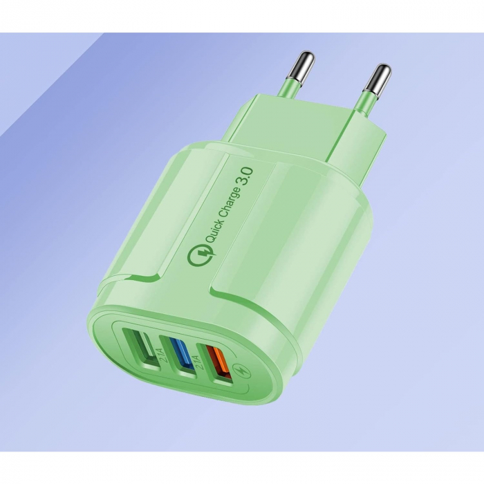 Incarcator Rapid QC3.0, Flippy, 3 Porturi USB, 2.1A, 18W, din ABS, Protectie Supraincalzire, Gama Macarons, Verde [2]