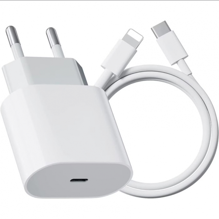 Incarcator Retea Fast Charge, Flippy, Incarcator Standard European PD20W, Compatibil cu iPhone 8-14, Cablu Fast Charge Inclus de 27W, 1m, Alb [2]