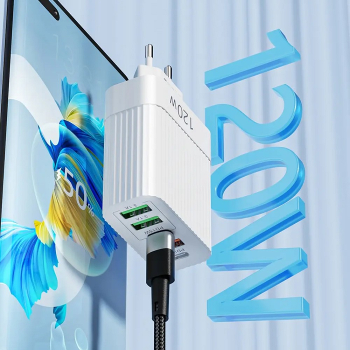 Incarcator Retea pentru Telefon, Flippy, Super Fast Charger Multi-Port, Power Delivery 120W, 3 USB-A, 2 TYPE-C, Compatibil Telefon si Tableta, Alb [4]