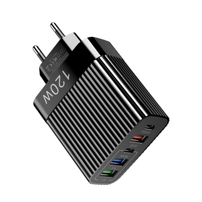 Incarcator Retea pentru Telefon, Flippy, Super Fast Charger Multi-Port, Power Delivery 120W, 3 USB-A, 2 TYPE-C, Compatibil Telefon si Tableta, Negru [1]