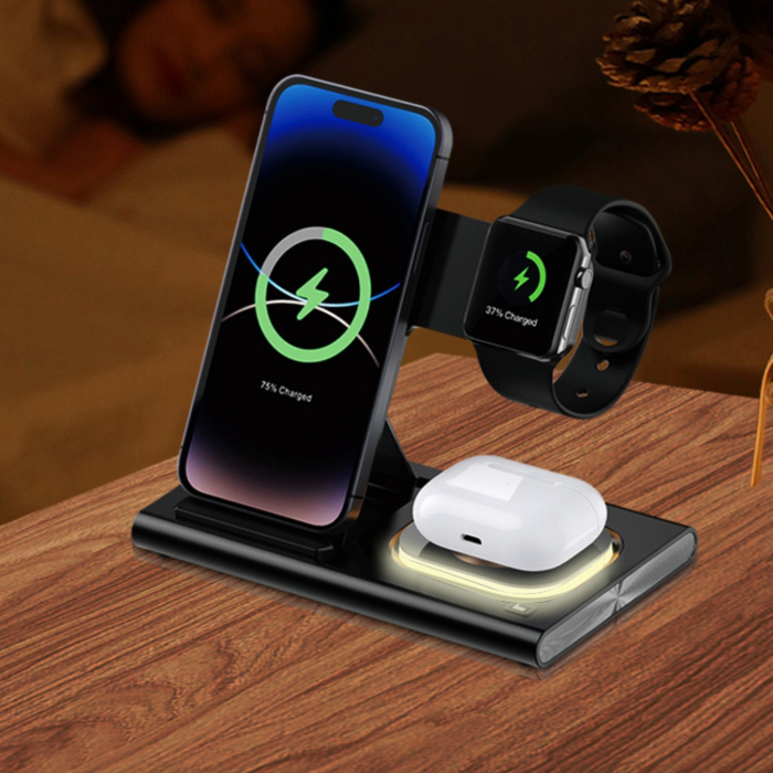 Incarcator Wireless 3 in 1 Fast Charger, Flippy, Compatibil cu Apple iPhone, iWatch, AirPods, New Design, 15W, 16.5 x 14 x 9.5 cm, Negru [6]