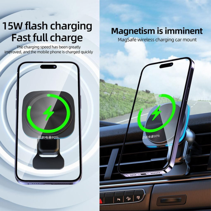 Incarcator Wireless Auto pentru Telefon, Flippy, Statie de Incarcare Magnetica Auto pentru Masina, 15W, 7 x 7 x 6.3 cm, Compatibil cu iOS/Android, Negru [2]
