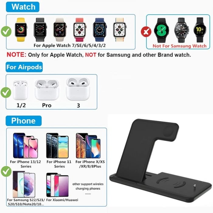 Incarcator Wireless FastCharge Flippy 4 In 1, design pliabil, 15W, Compatibil Apple Watch, Airpods, iPhone, Android, Samsung, Huawei, Xiaomi, Oppo, Negru [4]