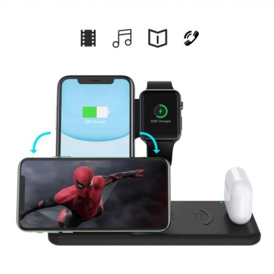 Incarcator Wireless FastCharge Flippy 4 In 1, design pliabil, 15W, Compatibil Apple Watch, Airpods, iPhone, Android, Samsung, Huawei, Xiaomi, Oppo, Negru [7]