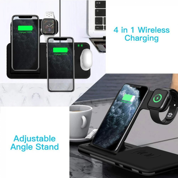 Incarcator Wireless FastCharge Flippy 4 In 1, design pliabil, 15W, Compatibil Apple Watch, Airpods, iPhone, Android, Samsung, Huawei, Xiaomi, Oppo, Negru [2]