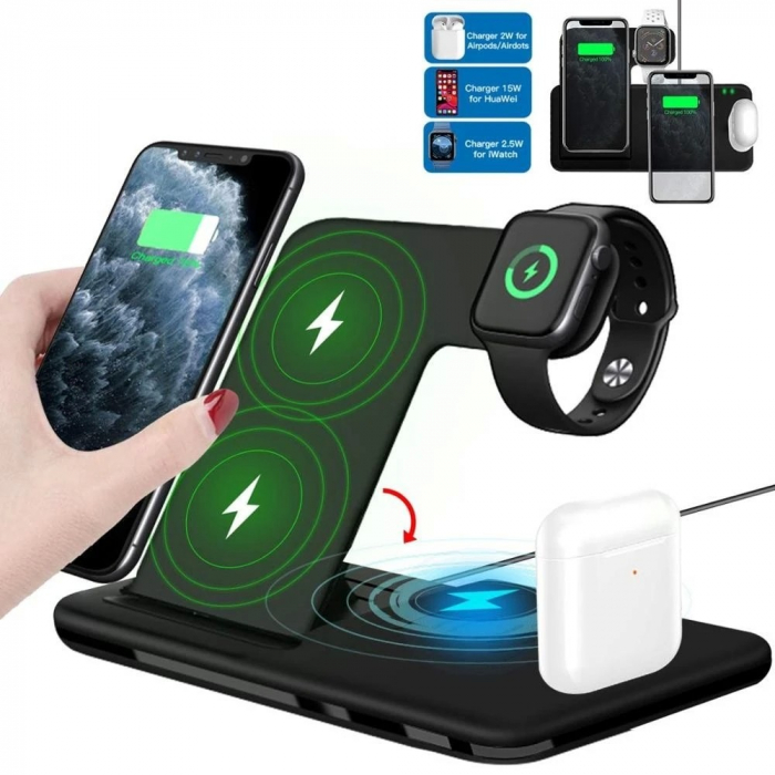 Incarcator Wireless FastCharge Flippy 4 In 1, design pliabil, 15W, Compatibil Apple Watch, Airpods, iPhone, Android, Samsung, Huawei, Xiaomi, Oppo, Negru [5]