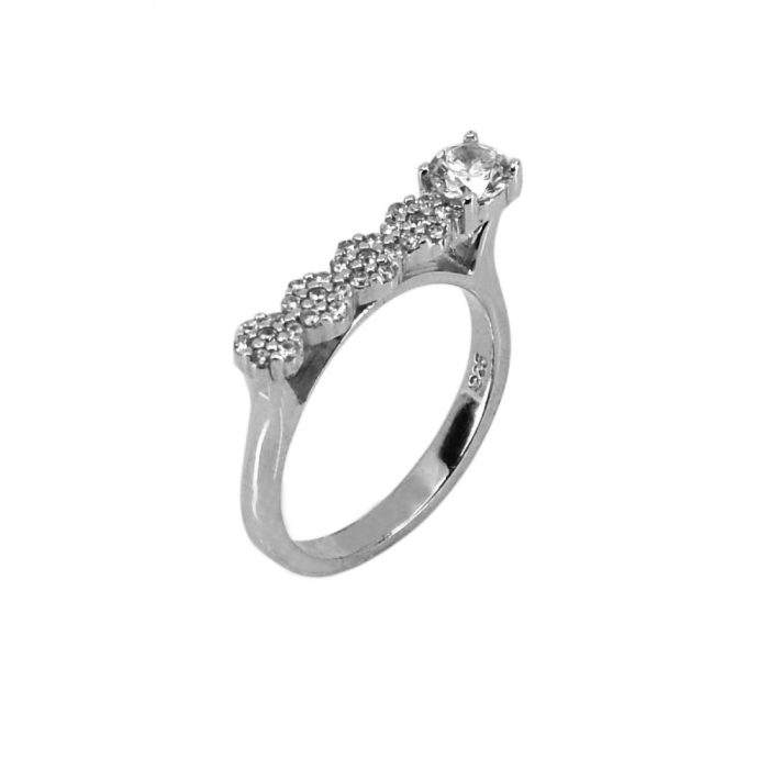 Inel rodiat din Argint 925 cu Zirconii, forma dreapta in partea superioara, M 58 [3]