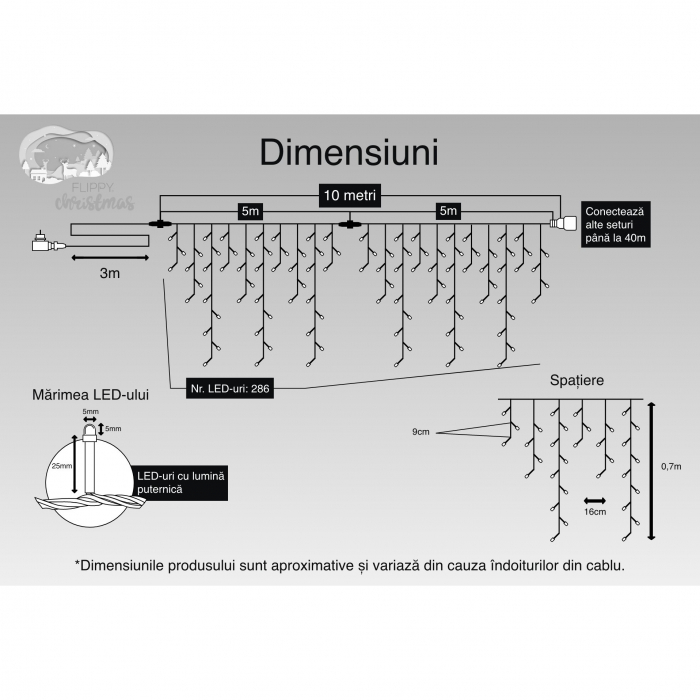 Instalatie Craciun, 10 m, 286 Led-uri ,Franjuri, Albastru, Flash, Transformator cu telecomanda, Interconectabila, Prelungitor 3 m inclus, Fir Transparent, Flippy [3]