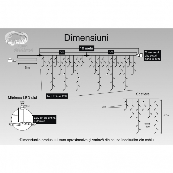 Instalatie Craciun, 10 m, 286 Led-uri ,Franjuri, Albastru, Flash, Transformator cu telecomanda, Interconectabila, Prelungitor 5 m inclus, Fir Transparent, Flippy [3]