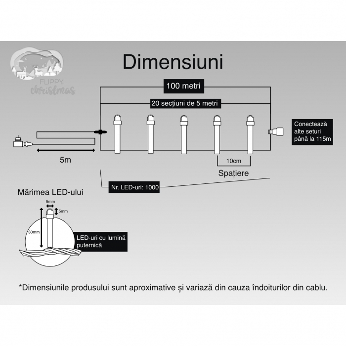 Instalatie Craciun, 100 m, 1000 Led-uri ,Liniara, Rosu/Albastru/Rosu/Verde, Flash, Transformator cu telecomanda, Interconectabila, Prelungitor 5 m inclus, Fir Verde, Flippy [6]