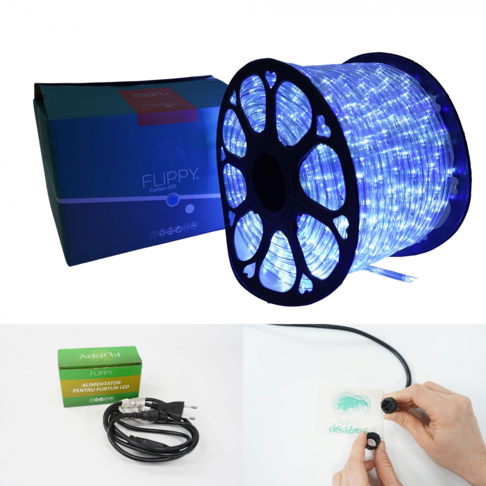 Instalatie Craciun, 100 m, 2400 Led-uri, Furtun Luminos, Alb rece/ Albastru, Transformator, Sectionabila, 220 V, Flippy [6]