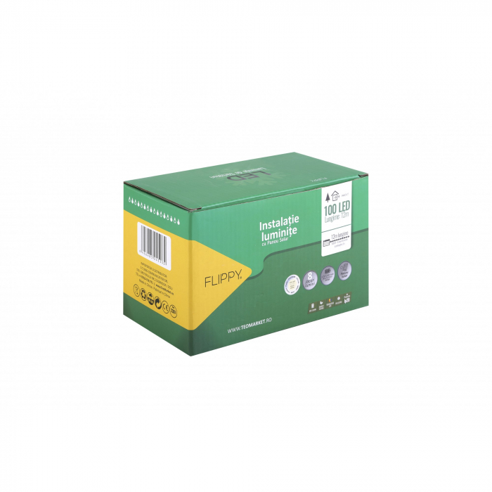 Instalatie Craciun, 12 metri, 100 de LED-uri cu ornament tip Bulb, 8 jocuri de lumini, alb cald, cu energie solara, liniar, interior/exterior, Flippy [1]