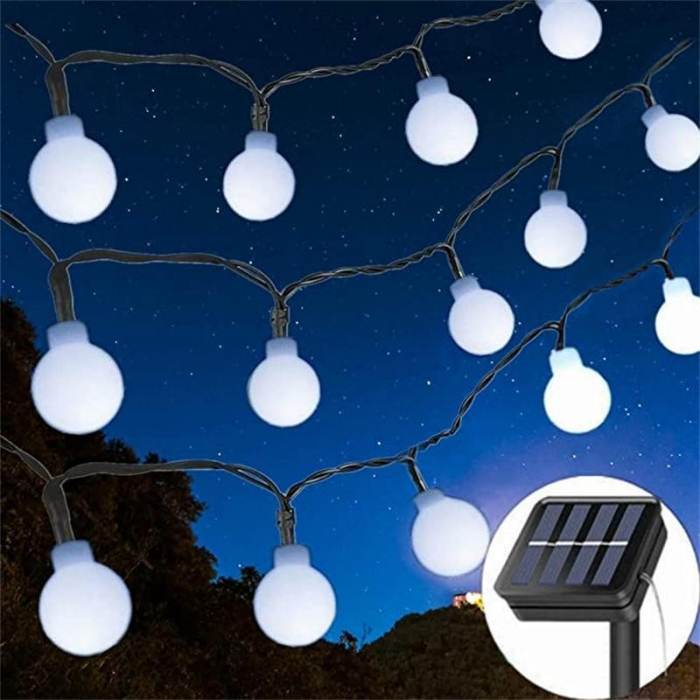Lichidare de stoc Instalatie Craciun, 12 metri, 100 de LED-uri cu ornament tip Bulb, 8 jocuri de lumini alb rece, cu energie solara, liniar, interior/exterior, Flippy [1]