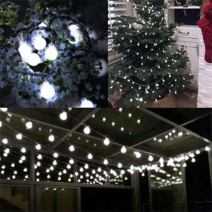 Lichidare de stoc Instalatie Craciun, 12 metri, 100 de LED-uri cu ornament tip Bulb, 8 jocuri de lumini alb rece, cu energie solara, liniar, interior/exterior, Flippy [4]