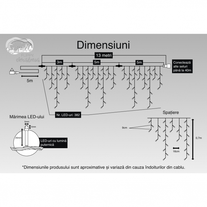 Instalatie Craciun, 13 m, 382 Led-uri ,Franjuri, Alb cald, 8 jocuri de lumini, Transformator cu telecomanda, Interconectabila, Prelungitor 5 m inclus, Fir Negru, Flippy [3]