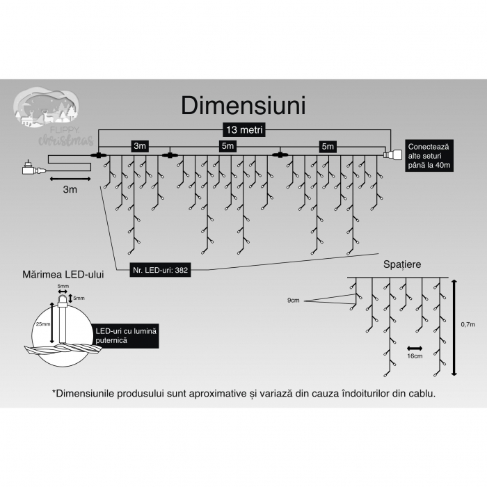 Instalatie Craciun, 13 m, 382 Led-uri ,Franjuri, Alb cald, Flash, Transformator cu telecomanda, Interconectabila, Prelungitor 3 m inclus, Fir Negru, Flippy [3]