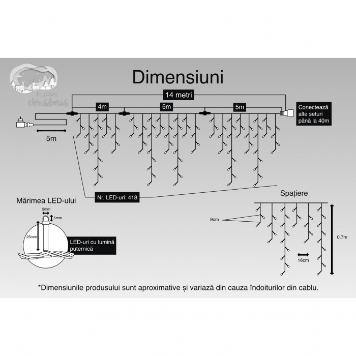 Instalatie Craciun, 14 m, 418 Led-uri ,Franjuri, Alb cald, Flash, Transformator cu telecomanda, Interconectabila, Prelungitor 5 m inclus, Fir Transparent, Flippy [3]