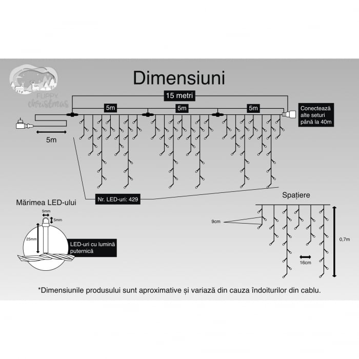 Instalatie Craciun, 15 m, 429 Led-uri ,Franjuri, Alb cald, Flash, Transformator cu telecomanda, Interconectabila, Prelungitor 5 m inclus, Fir Alb, Flippy [3]