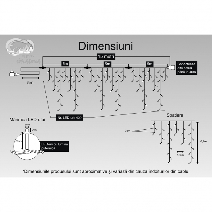 Instalatie Craciun, 15 m, 429 Led-uri ,Franjuri, Alb cald, Flash, Transformator cu telecomanda, Interconectabila, Prelungitor 5 m inclus, Fir Transparent, Flippy [3]