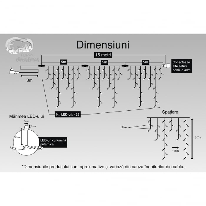 Instalatie Craciun, 15 m, 429 Led-uri ,Franjuri, Albastru, Flash, Transformator cu telecomanda, Interconectabila, Prelungitor 3 m inclus, Fir Alb, Flippy [3]