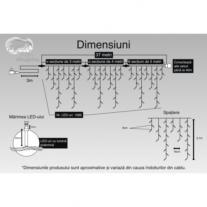 Instalatie Craciun, 15 m, 429 Led-uri ,Franjuri, Rosu / Verde/ Albastru, Flash, Transformator cu telecomanda, Interconectabila, Prelungitor 5 m inclus, Fir Alb, Flippy [8]