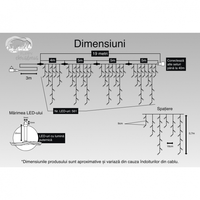 Instalatie Craciun, 19 m, 561 Led-uri ,Franjuri, Alb rece, Flash, Transformator cu telecomanda, Interconectabila, Prelungitor 3 m inclus, Fir Negru, Flippy [3]