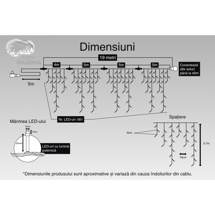 Instalatie Craciun, 19 m, 561 Led-uri ,Franjuri, Alb rece, Flash, Transformator cu telecomanda, Interconectabila, Prelungitor 5 m inclus, Fir Negru, Flippy [3]