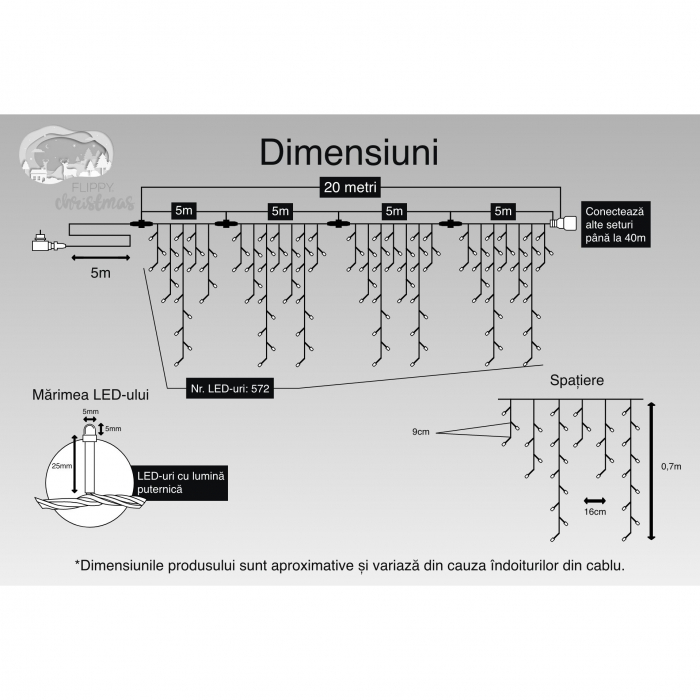 Instalatie Craciun, 20 m, 572 Led-uri ,Franjuri, Alb rece, Flash, Transformator cu telecomanda, Interconectabila, Prelungitor 5 m inclus, Fir Negru, Flippy [3]