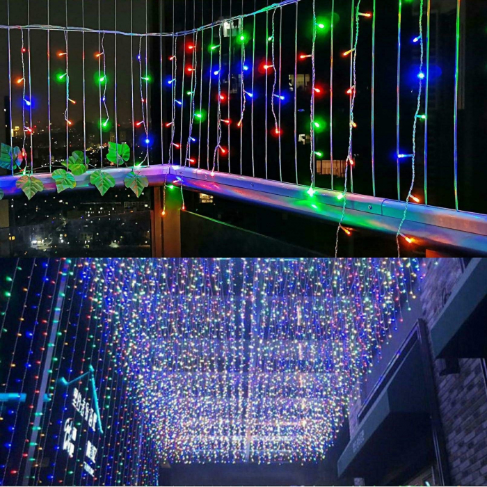 Instalatie Craciun, 20 m, 572 Led-uri ,Franjuri, Multicolor, Flash, Transformator, Interconectabila, Prelungitor 3 m inclus, Fir Transparent, Flippy [4]