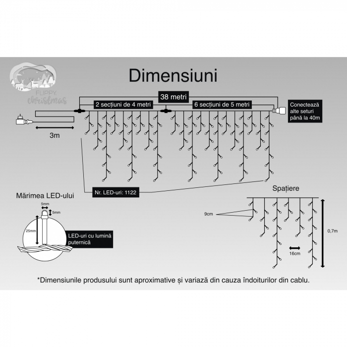 Instalatie Craciun, 20 m, 572 Led-uri ,Franjuri, Rosu / Verde/ Albastru, Flash, Transformator cu telecomanda, Interconectabila, Prelungitor 5 m inclus, Fir Alb, Flippy [8]