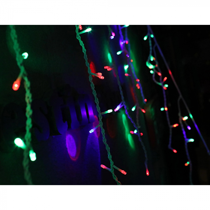 Instalatie Craciun, 20 m, 572 Led-uri ,Franjuri, Rosu / Verde/ Albastru, Flash, Transformator, Interconectabila, Prelungitor 3 m inclus, Fir Transparent, Flippy [6]