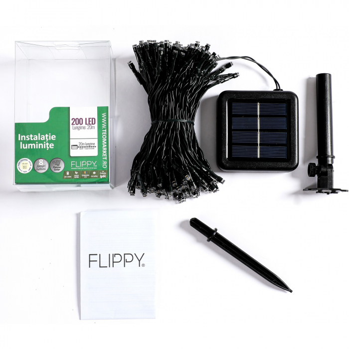 Instalatie Craciun, 20 metri, 200 de LED-uri, alb cald, cu energie solara, fir de cupru, liniar, interior/exterior, Flippy [8]