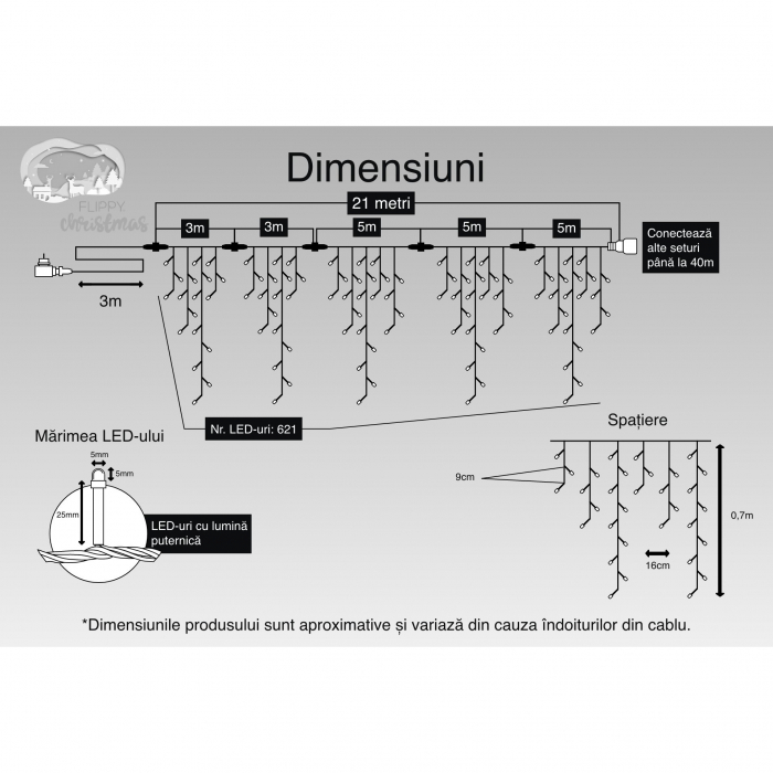Instalatie Craciun, 21 m, 621 Led-uri ,Franjuri, Alb cald, Flash, Transformator cu telecomanda, Interconectabila, Prelungitor 3 m inclus, Fir Transparent, Flippy [3]