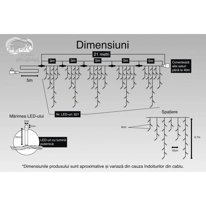 Instalatie Craciun, 21 m, 621 Led-uri ,Franjuri, Alb cald, Flash, Transformator cu telecomanda, Interconectabila, Prelungitor 5 m inclus, Fir Transparent, Flippy [3]