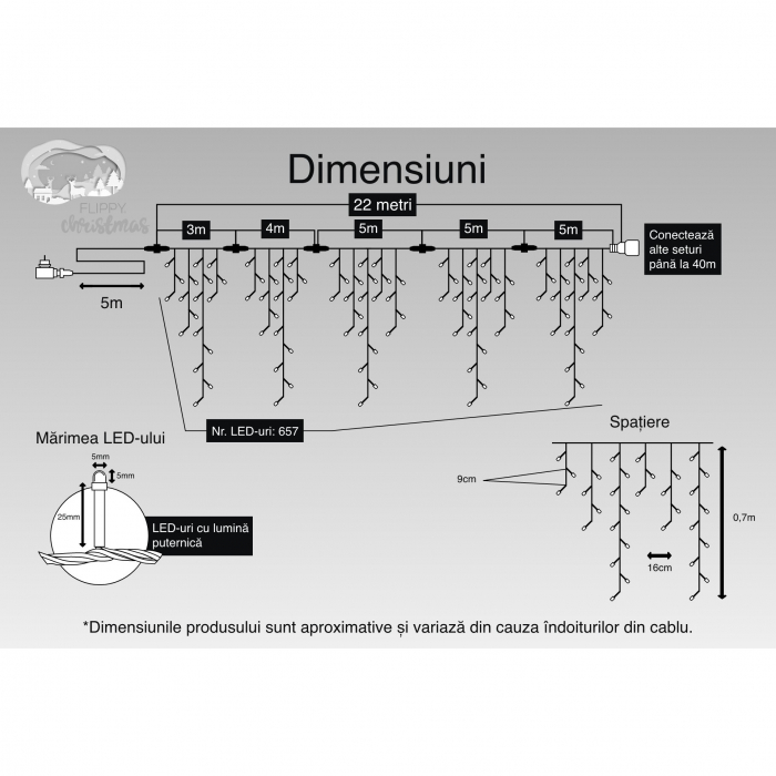 Instalatie Craciun, 22 m, 657 Led-uri ,Franjuri, Alb cald, Flash, Transformator cu telecomanda, Interconectabila, Prelungitor 5 m inclus, Fir Negru, Flippy [3]