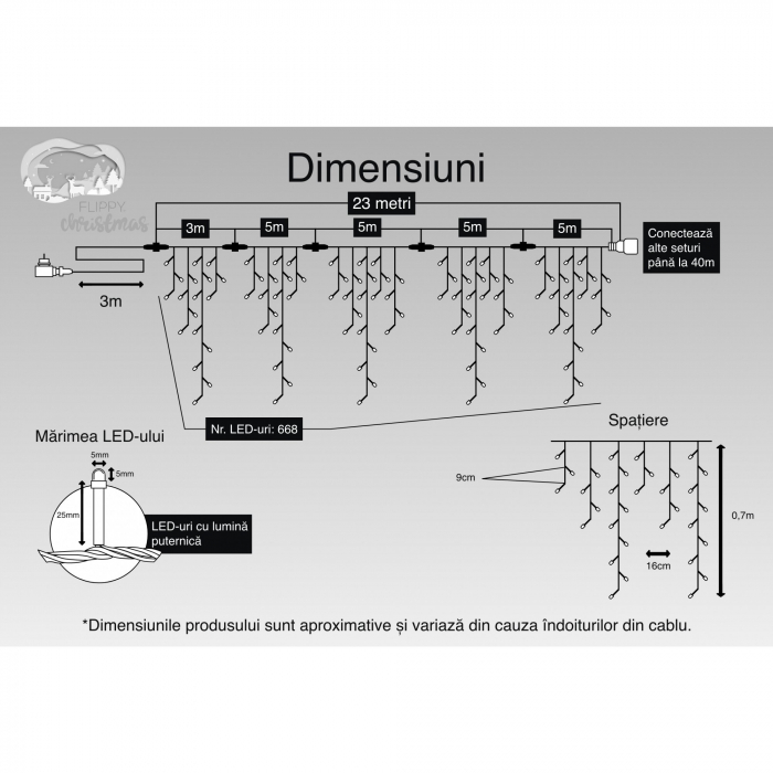 Instalatie Craciun, 23 m, 668 Led-uri ,Franjuri, Alb cald, Flash, Transformator cu telecomanda, Interconectabila, Prelungitor 3 m inclus, Fir Negru, Flippy [3]